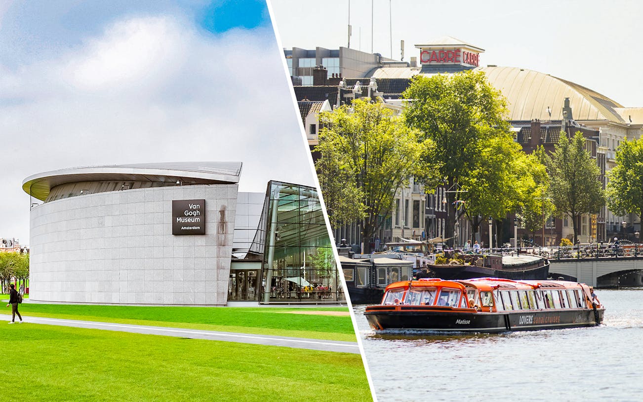 Van Gogh Museum and Amsterdam canal cruise boat.