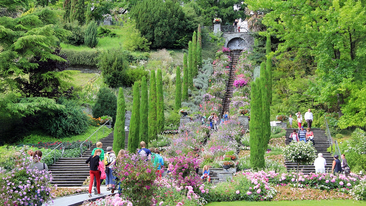 Visitors exploring the vibrant gardens and stone steps on Mainau Flower Island.