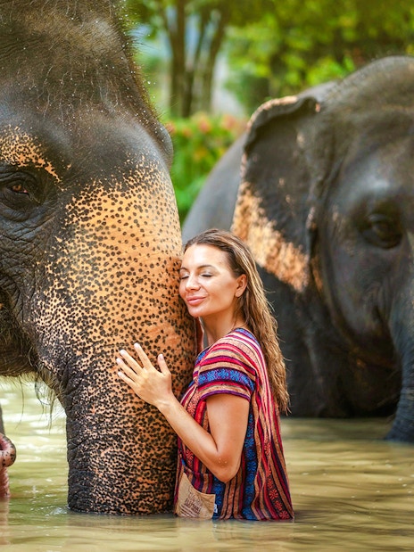 Woman embracing elephant at Elephant Jungle Sanctuary, Phuket, Thailand.