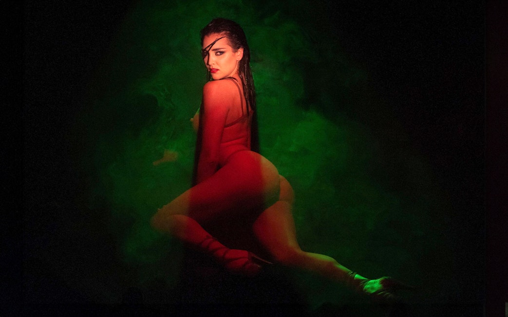 Performer in red lighting at Crazy Horse Paris show.