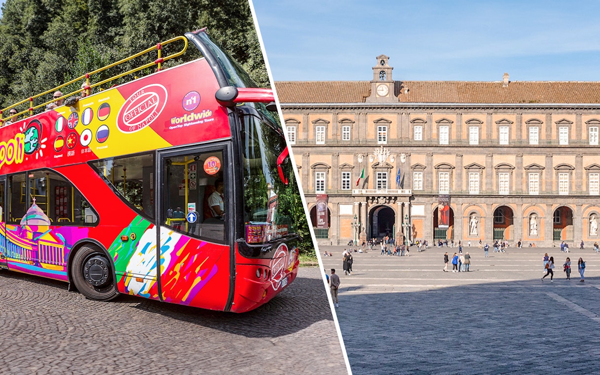 Open-top tour bus in Naples and the Royal Palace facade.