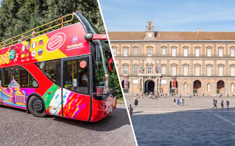 Open-top tour bus in Naples and the Royal Palace facade.