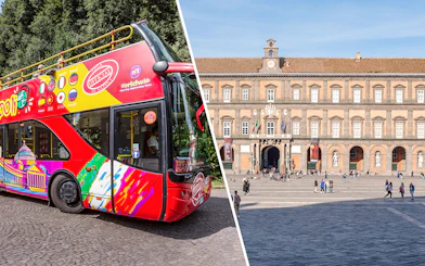 Open-top tour bus in Naples and the Royal Palace facade.