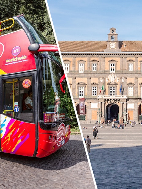 Open-top tour bus in Naples and the Royal Palace facade.
