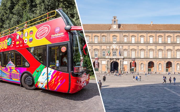 Open-top tour bus in Naples and the Royal Palace facade.
