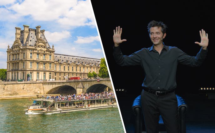 Bateaux Parisiens cruise on Seine near Louvre, Parisian comedy show performer.