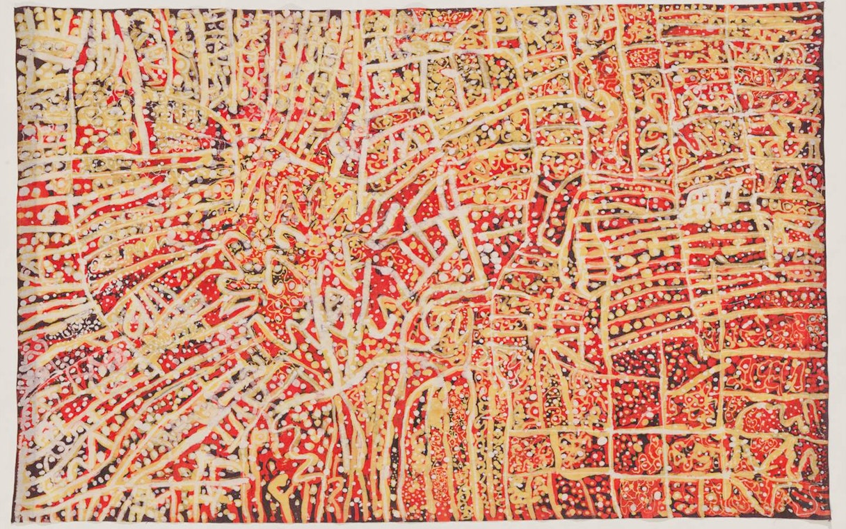 Abstract painting by Emily Kame Kngwarreye at Tate Modern, featuring intricate red and yellow patterns.