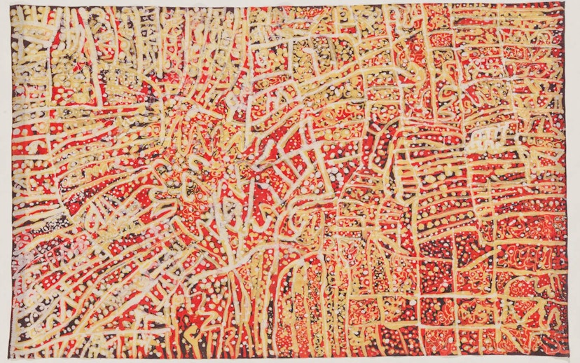 Abstract painting by Emily Kame Kngwarreye at Tate Modern, featuring intricate red and yellow patterns.