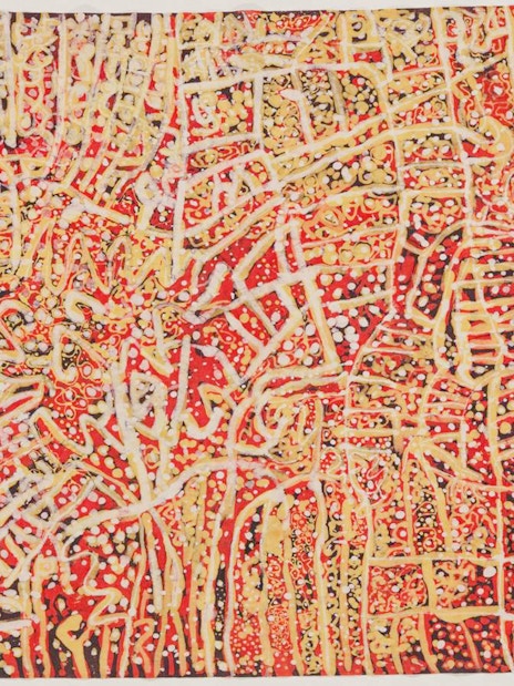 Abstract painting by Emily Kame Kngwarreye at Tate Modern, featuring intricate red and yellow patterns.