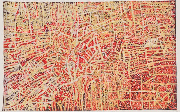Abstract painting by Emily Kame Kngwarreye at Tate Modern, featuring intricate red and yellow patterns.
