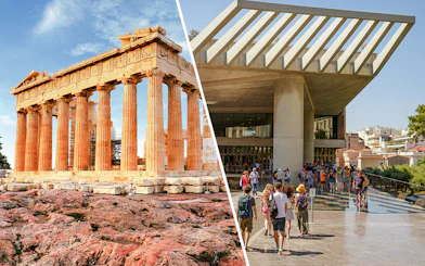 Acropolis Parthenon and Acropolis Museum entrance with visitors in Athens, Greece.