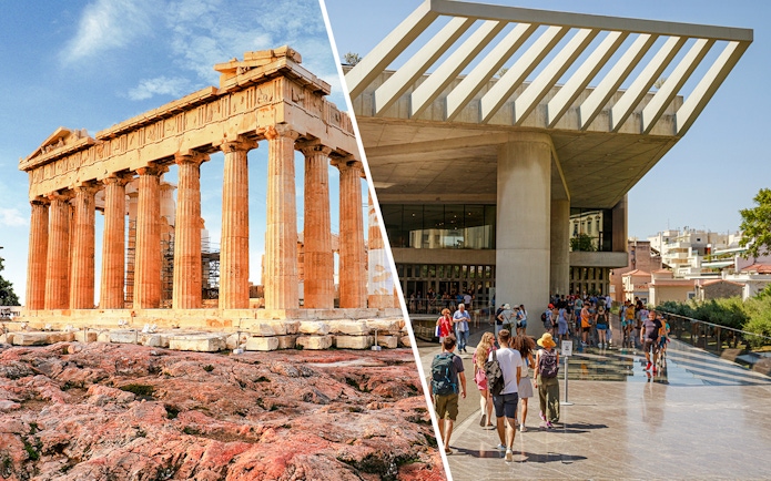 Acropolis Parthenon and Acropolis Museum entrance with visitors in Athens, Greece.