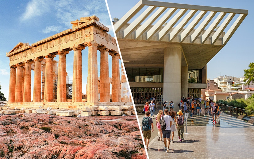 Acropolis Parthenon and Acropolis Museum entrance with visitors in Athens, Greece.