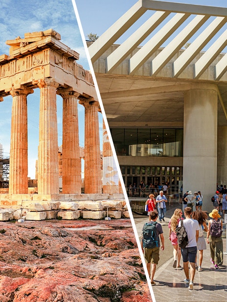 Acropolis Parthenon and Acropolis Museum entrance with visitors in Athens, Greece.