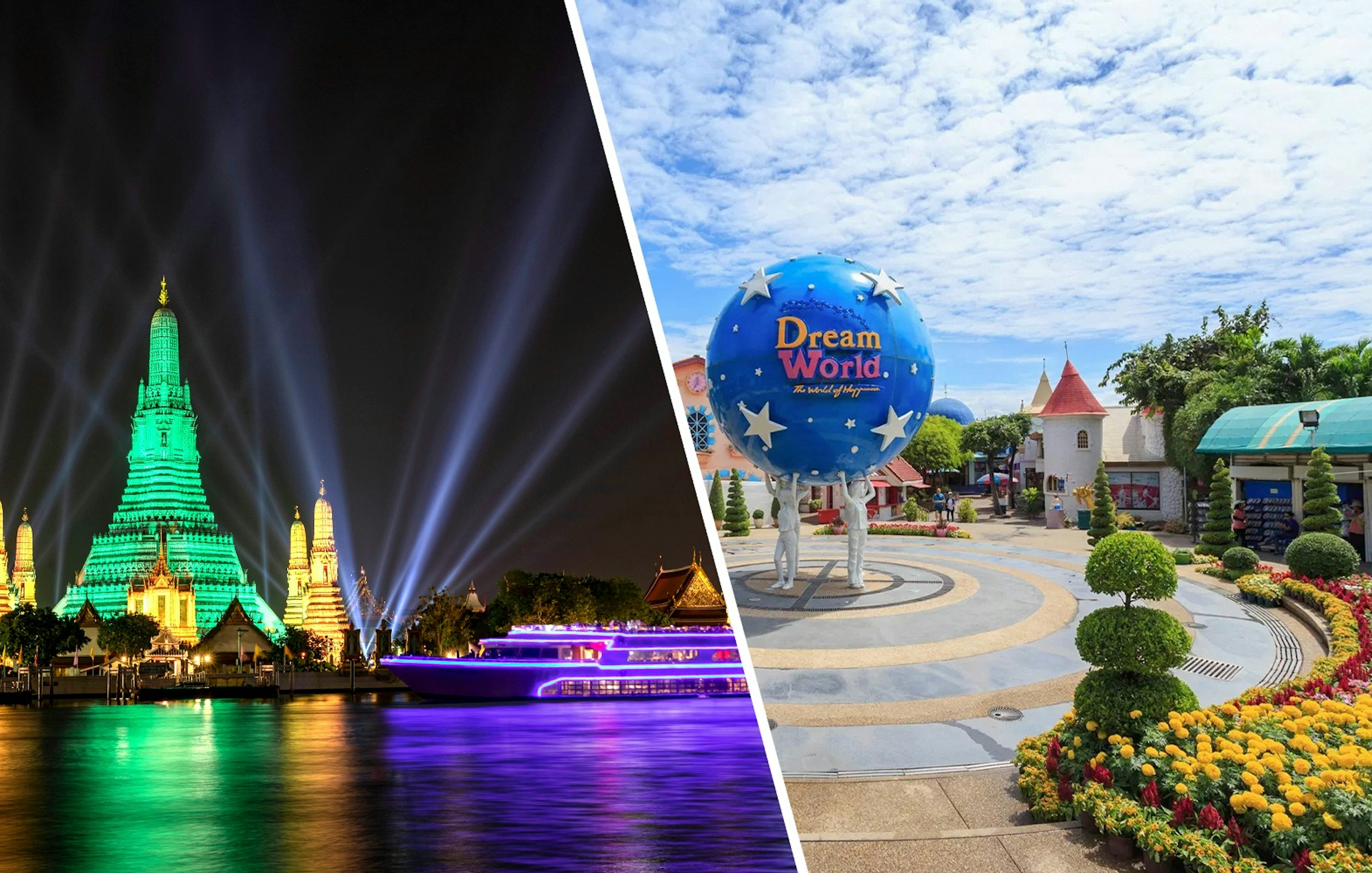 White Orchid River Cruise near illuminated Wat Arun at night, Bangkok, Thailand.
