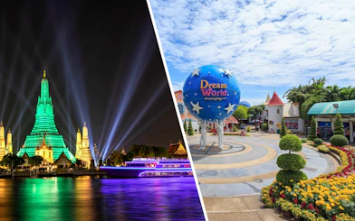 White Orchid River Cruise near illuminated Wat Arun at night, Bangkok, Thailand.