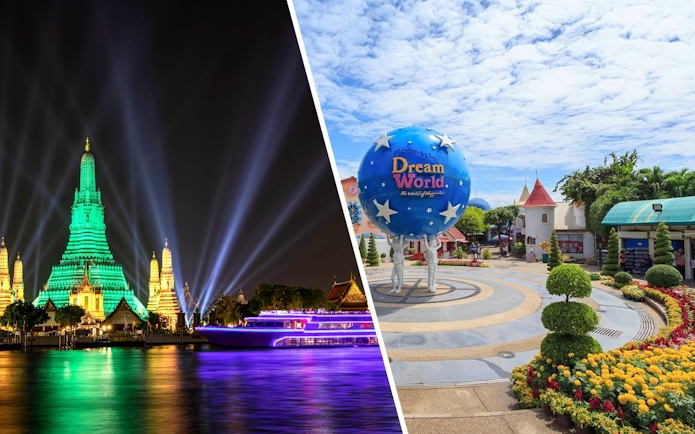 White Orchid River Cruise near illuminated Wat Arun at night, Bangkok, Thailand.