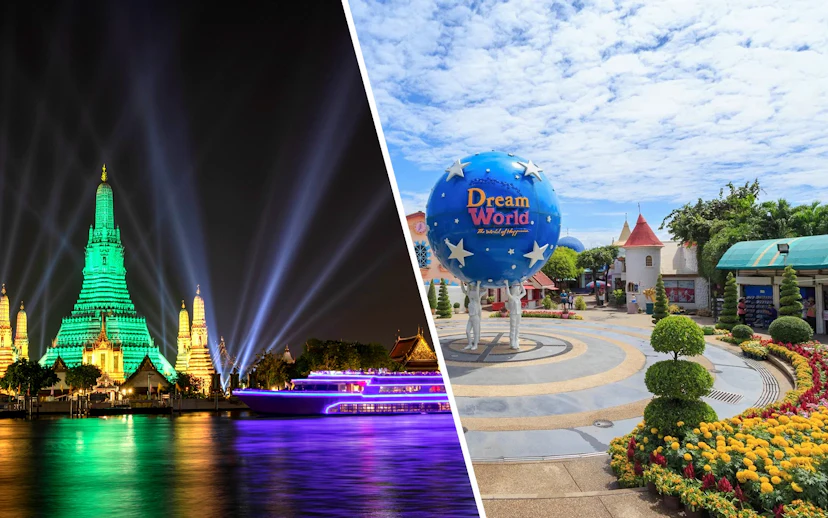 White Orchid River Cruise near illuminated Wat Arun at night, Bangkok, Thailand.