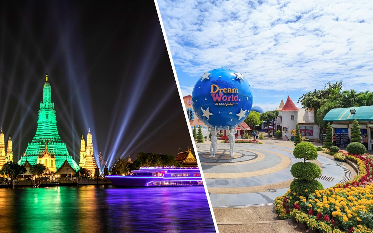 White Orchid River Cruise near illuminated Wat Arun at night, Bangkok, Thailand.