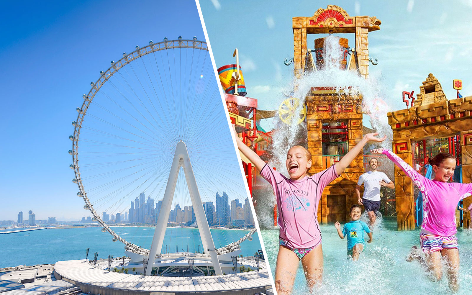 Ain Dubai wheel with city skyline and children playing at a water park.