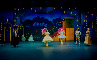 Ballet dancers performing The Nutcracker at Tivoli Gardens with colorful costumes and set.