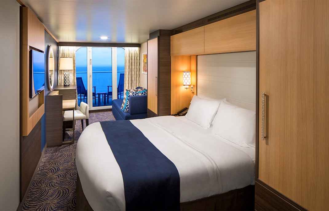 Cruise ship room with large window view, Singapore to Penang and Phuket route.