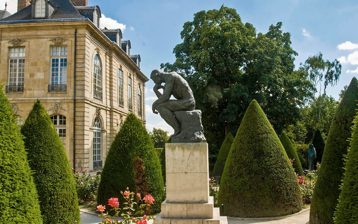 Rodin Museum garden with The Thinker sculpture in Paris, France.
