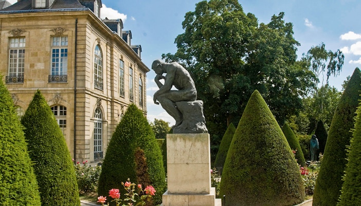 Rodin Museum garden with The Thinker sculpture in Paris, France.