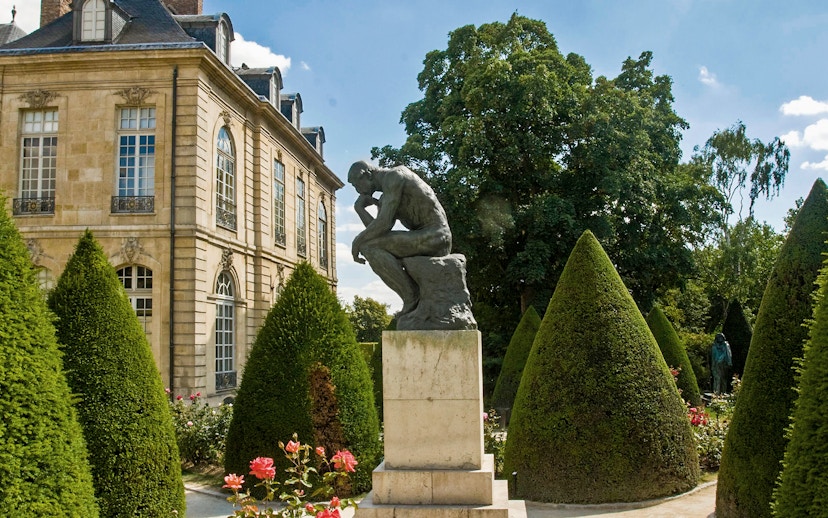 Rodin Museum garden with The Thinker sculpture in Paris, France.