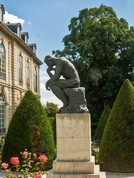 Rodin Museum garden with The Thinker sculpture in Paris, France.
