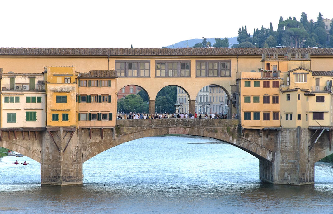 Vasari Corridor in Florence, Italy, showcasing historic art and architecture.