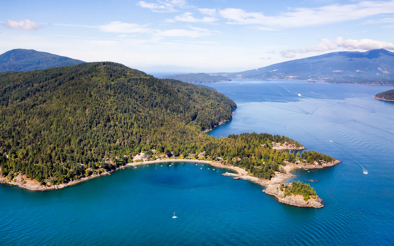 Aerial view of Bowen Island in Howe Sound, northwest of Vancouver, BC, Canada.