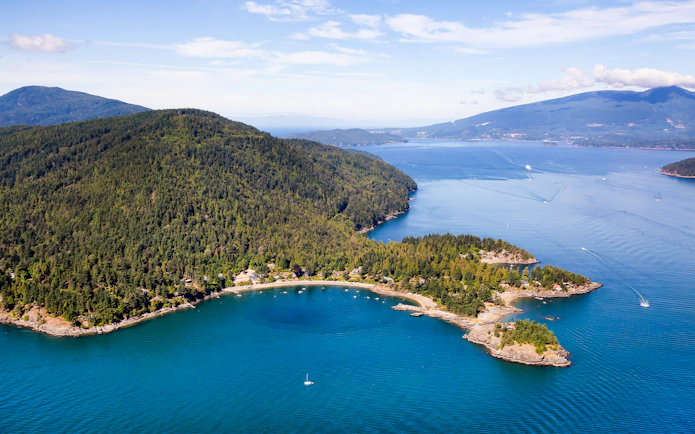 Aerial view of Bowen Island in Howe Sound, northwest of Vancouver, BC, Canada.