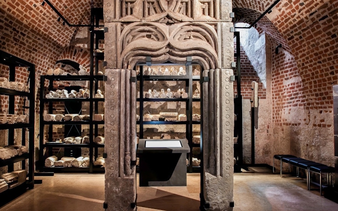 Wawel Castle underground chamber with stone artifacts, Kraków, Poland.
