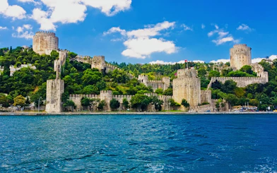 Rumeli Fortress along the Bosphorus in Istanbul, Turkey, with stone walls and towers.