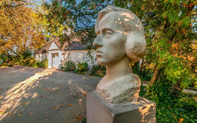 Bust of Fryderyk Chopin in front of his birthplace in Żelazowa Wola, Masovian Voivodeship, Poland.