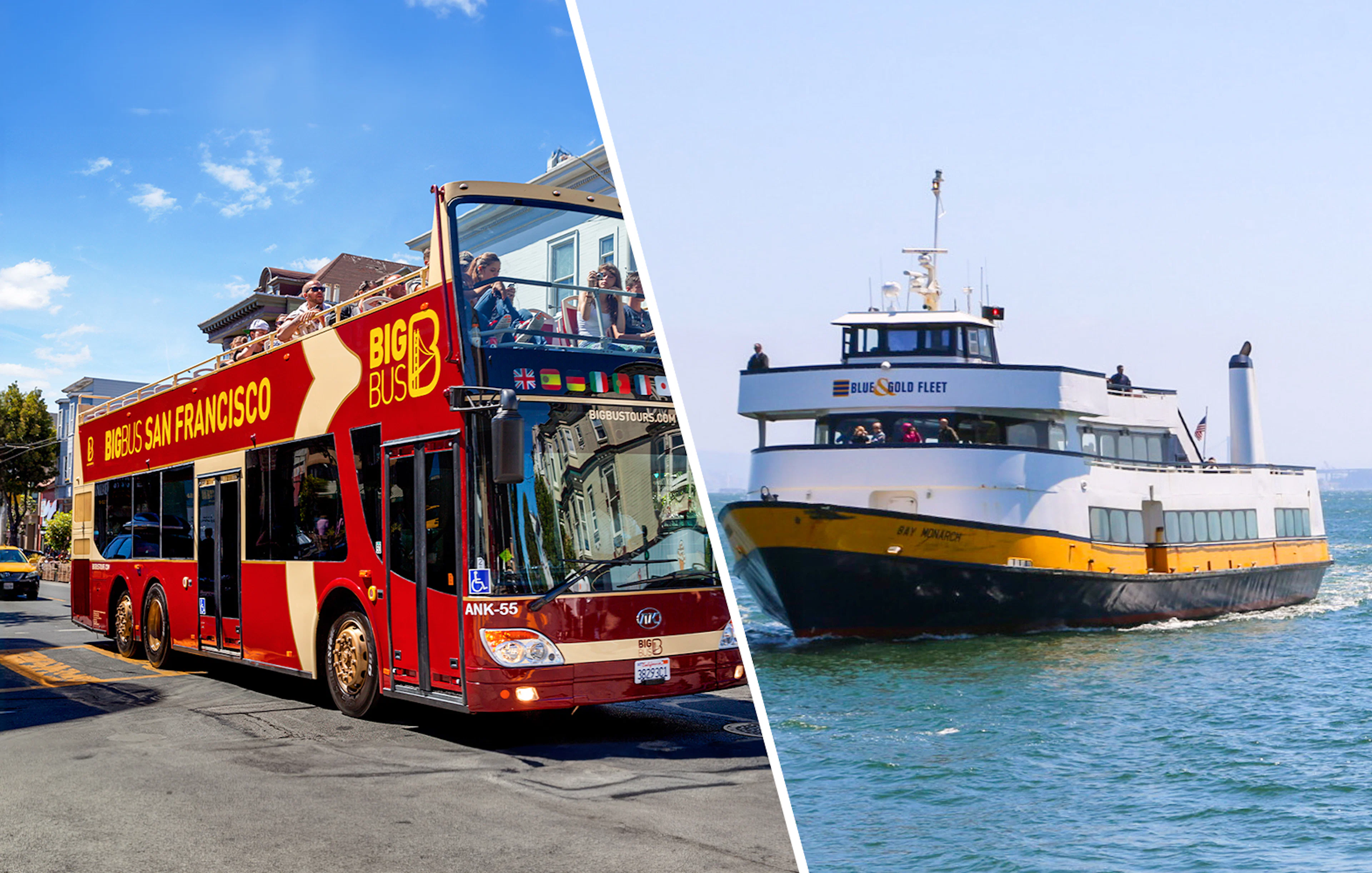 Big Bus San Francisco tour bus and Bay Cruise ferry on the water.