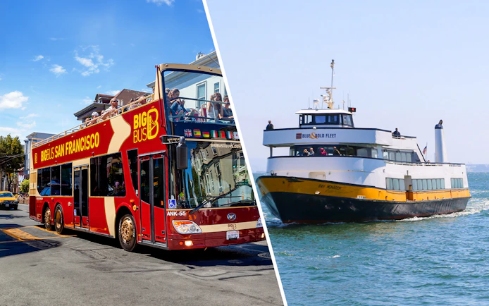 Big Bus San Francisco tour bus and Bay Cruise ferry on the water.
