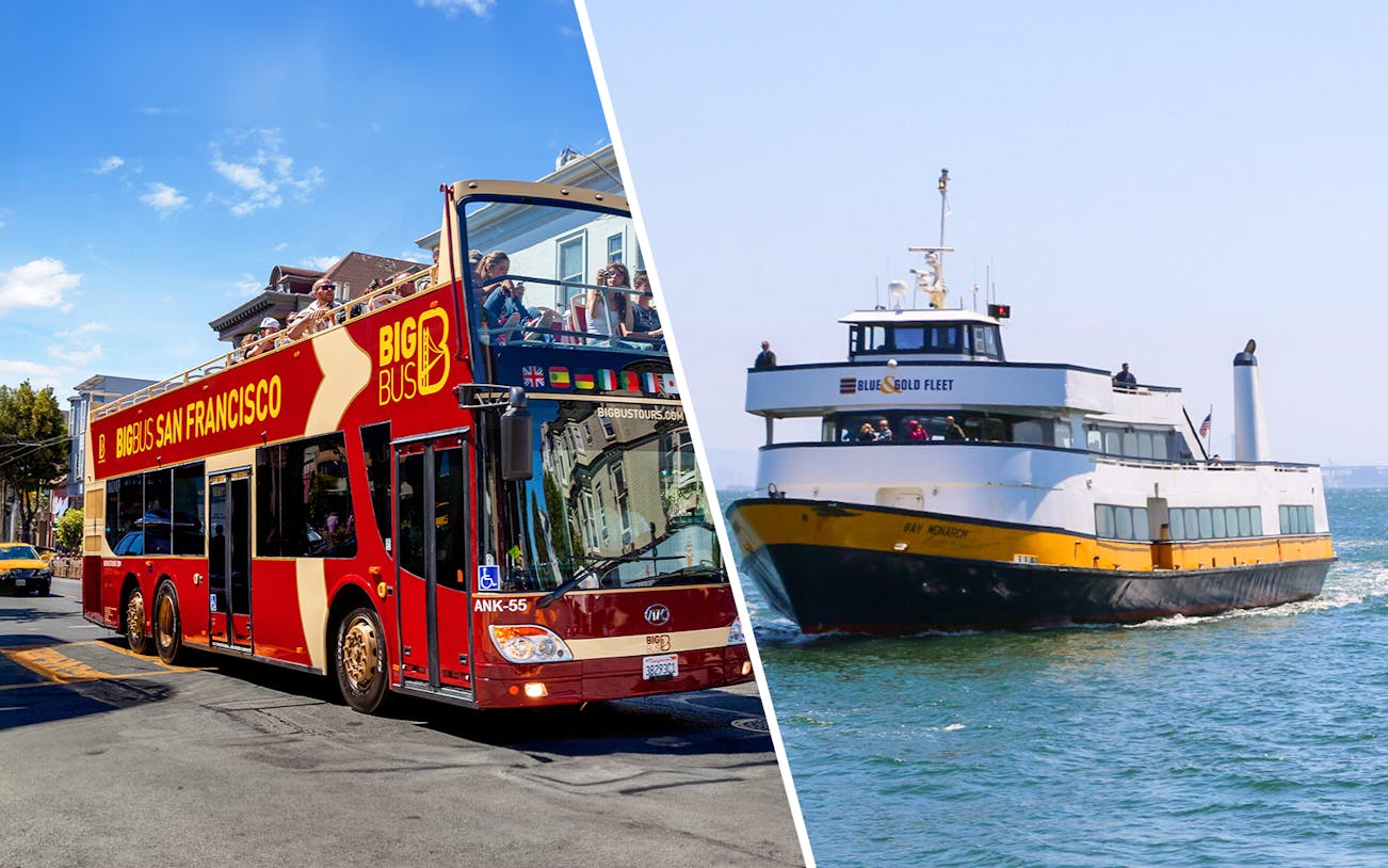 Big Bus San Francisco tour bus and Bay Cruise ferry on the water.