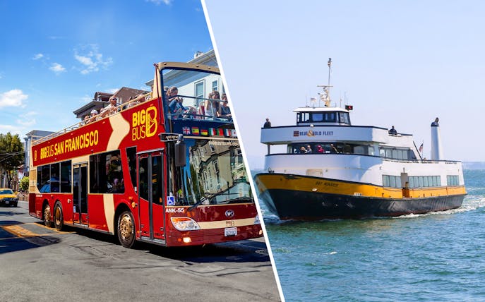 Big Bus San Francisco tour bus and Bay Cruise ferry on the water.