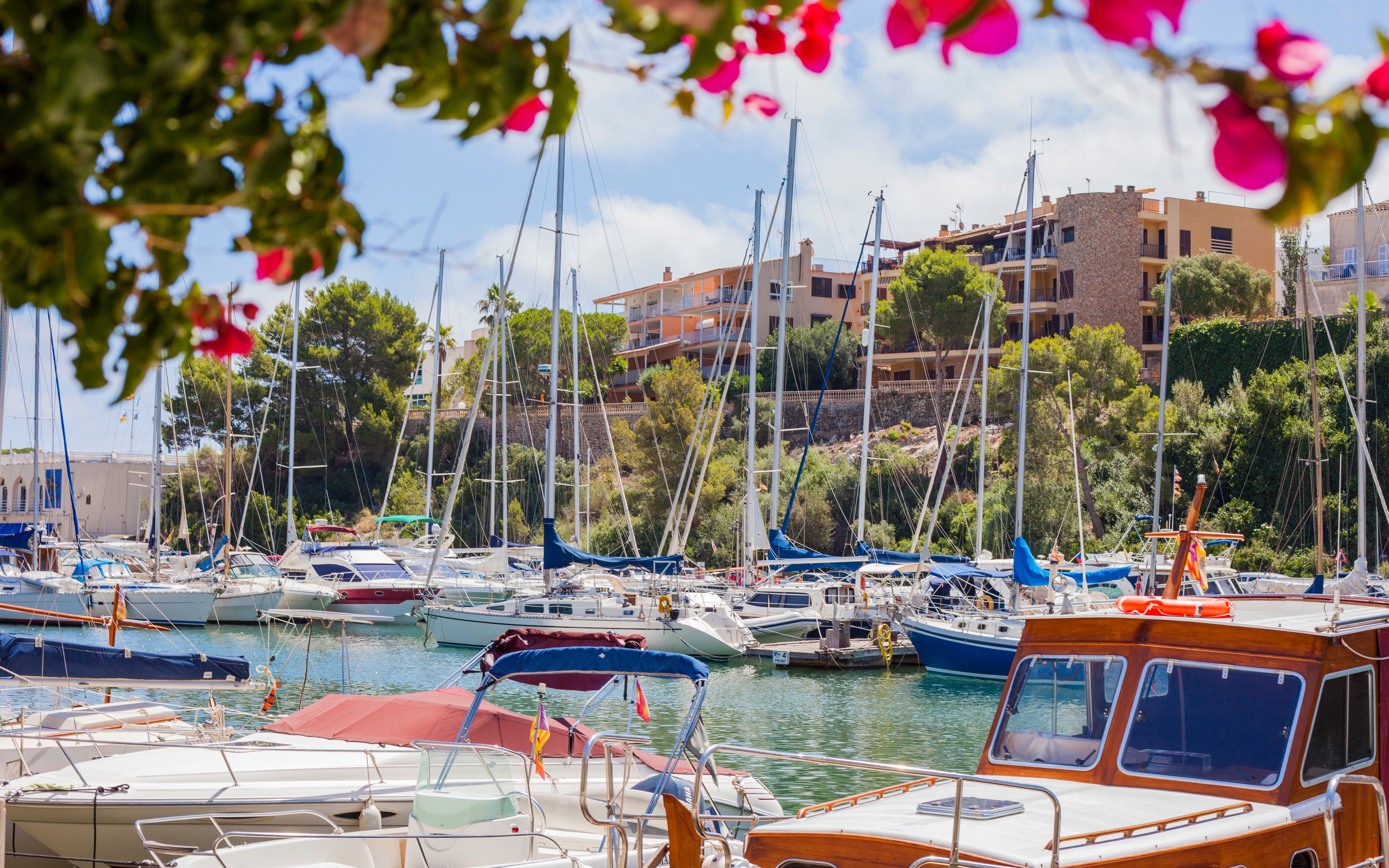 Boats docked at the marina of Porto Cristo, Mallorca, with surrounding buildings and greenery.