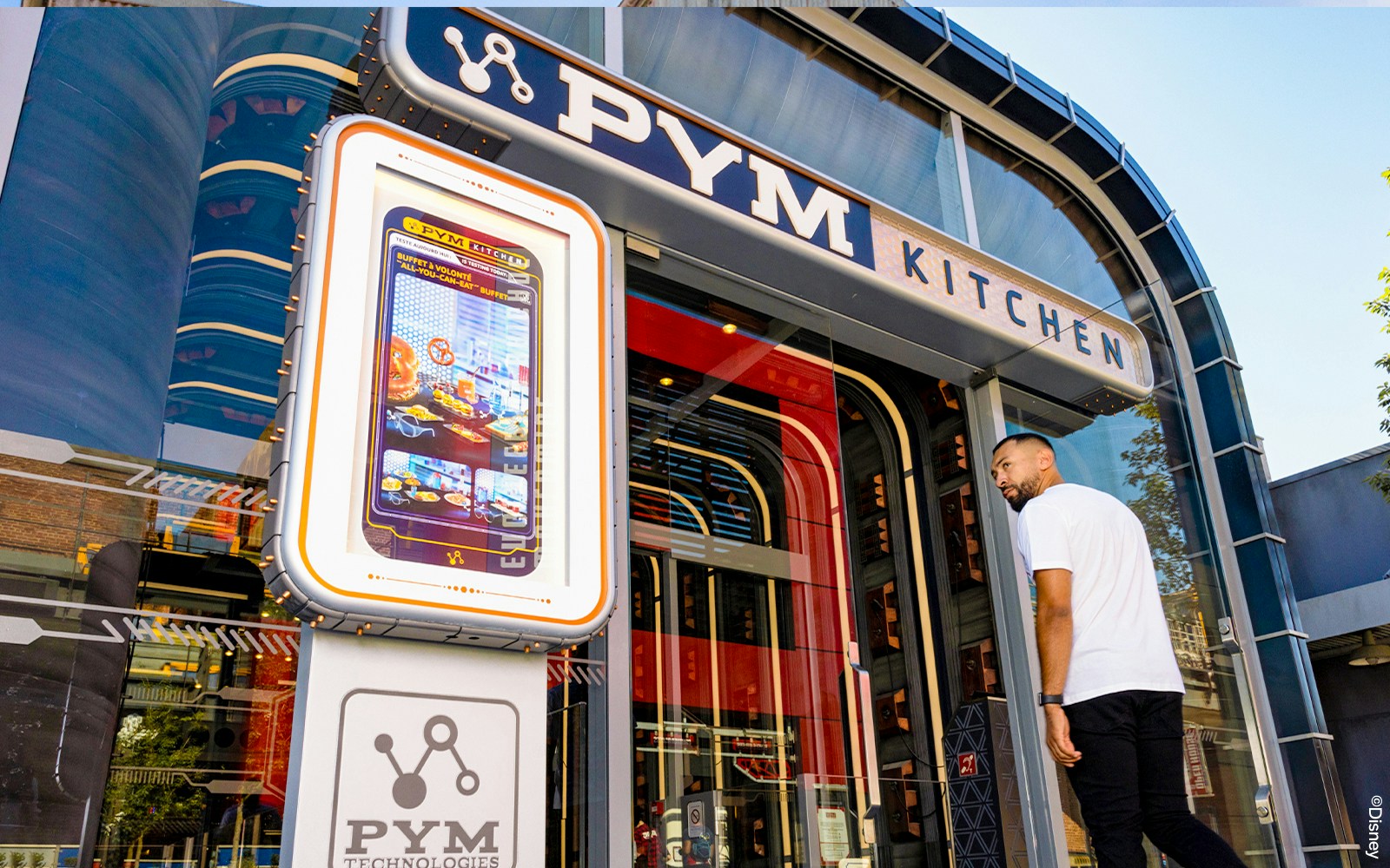 PYM Kitchen buffet with themed dishes at Disneyland Paris.