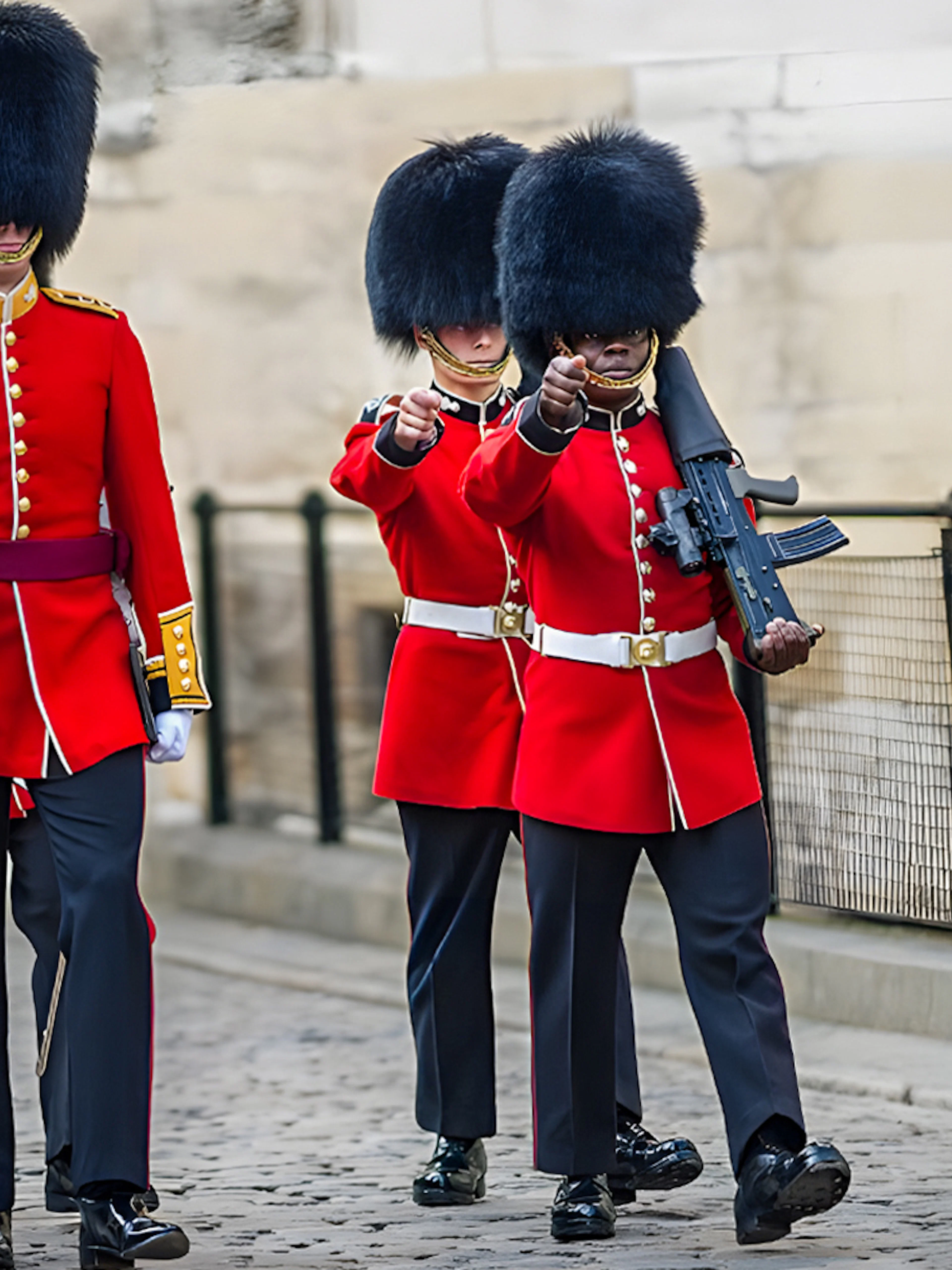 Guards in red uniforms and bearskin hats marching at the Tower of London Opening Ceremony.