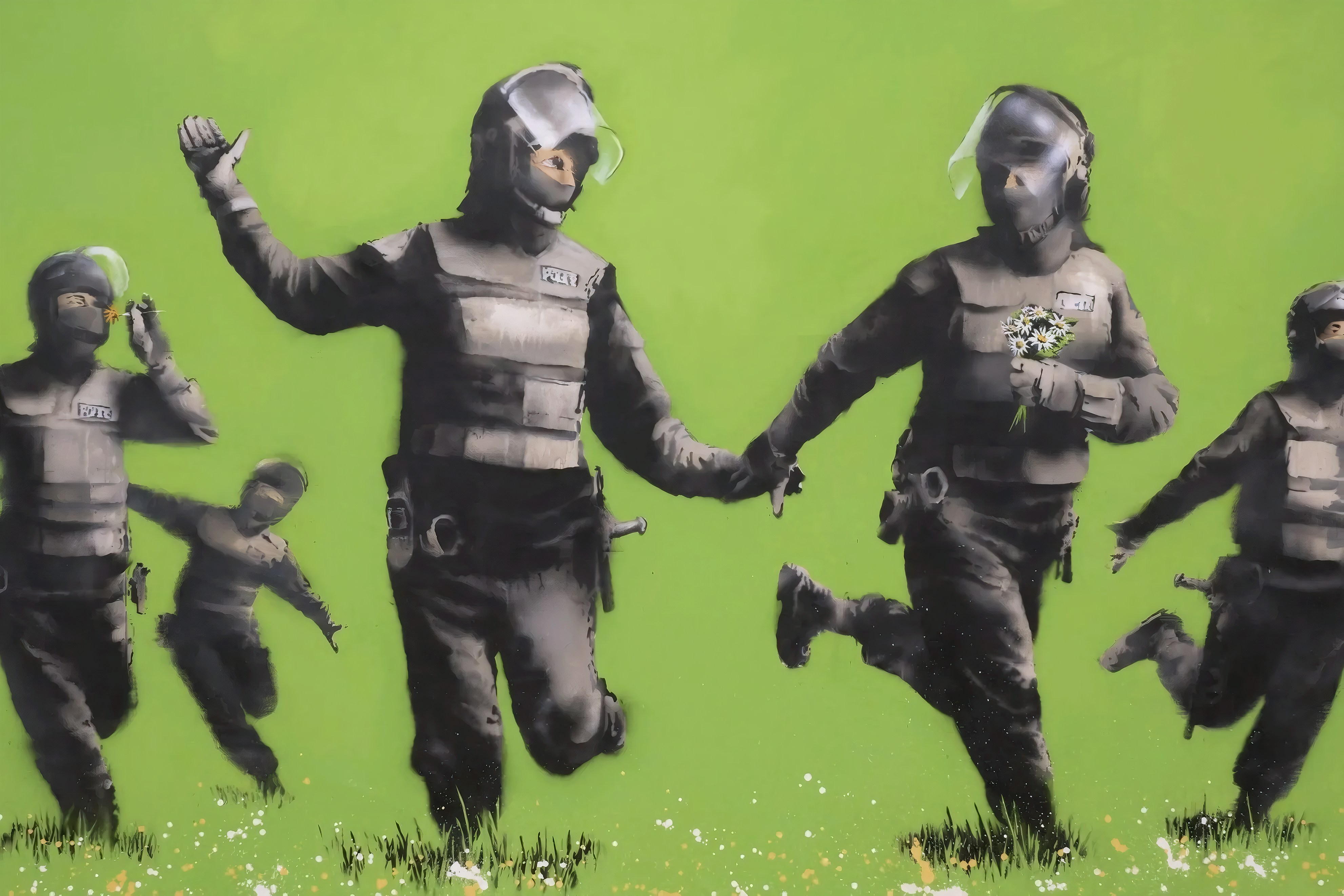 Battle of the Beanfield by Banksy at Moco Museum, Amsterdam, depicting a chaotic scene.