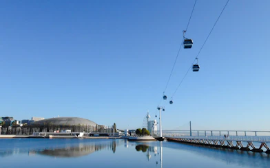 Lisbon cable cars over Tagus River with cityscape and Vasco da Gama Bridge in view.