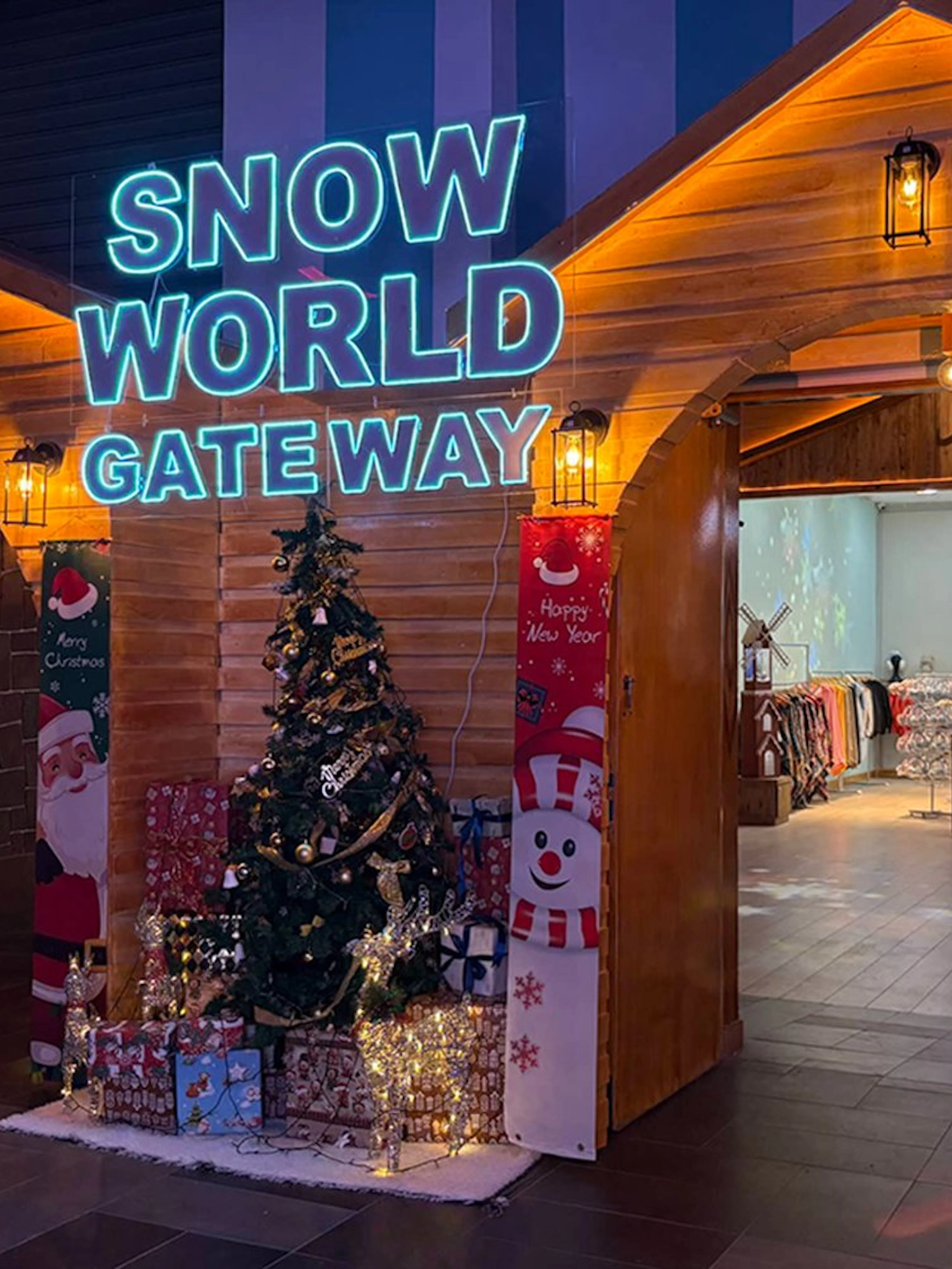 Genting Highlands Snow World entrance with Christmas decorations and gift shop.