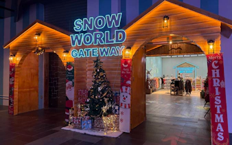 Genting Highlands Snow World entrance with Christmas decorations and gift shop.