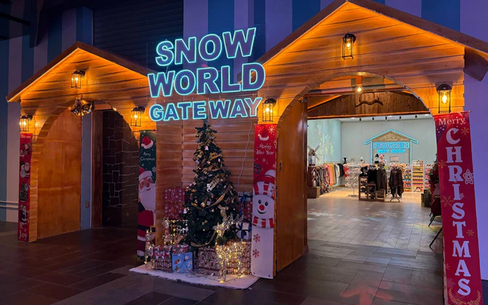 Genting Highlands Snow World entrance with Christmas decorations and gift shop.