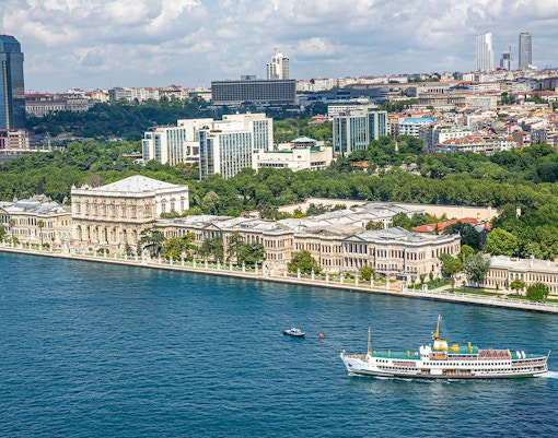 Dolmabahce Palace exterior with ornate architecture in Istanbul, Turkey.