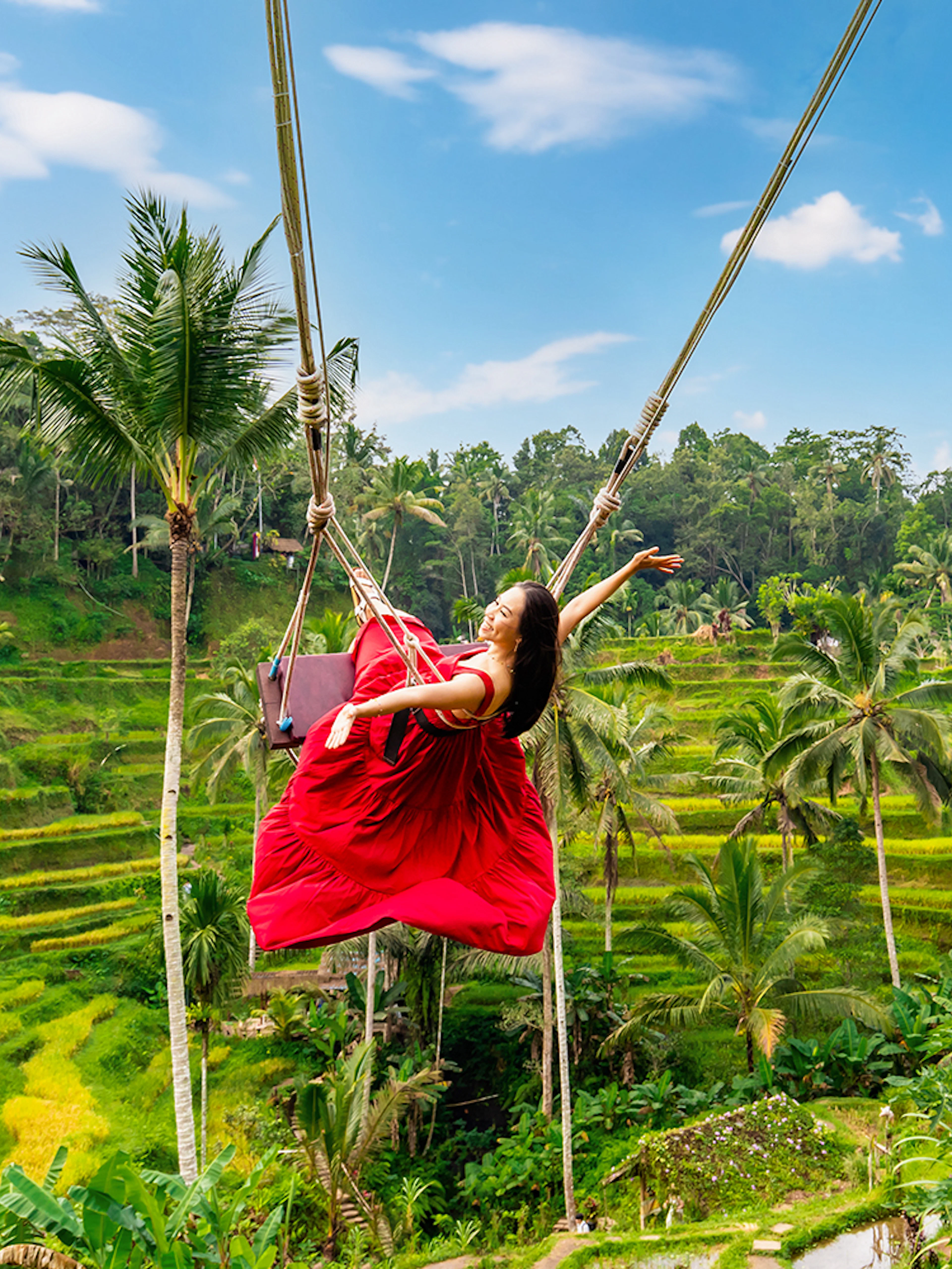 Lady on swing over rice terraces at Alas Harum Bali.